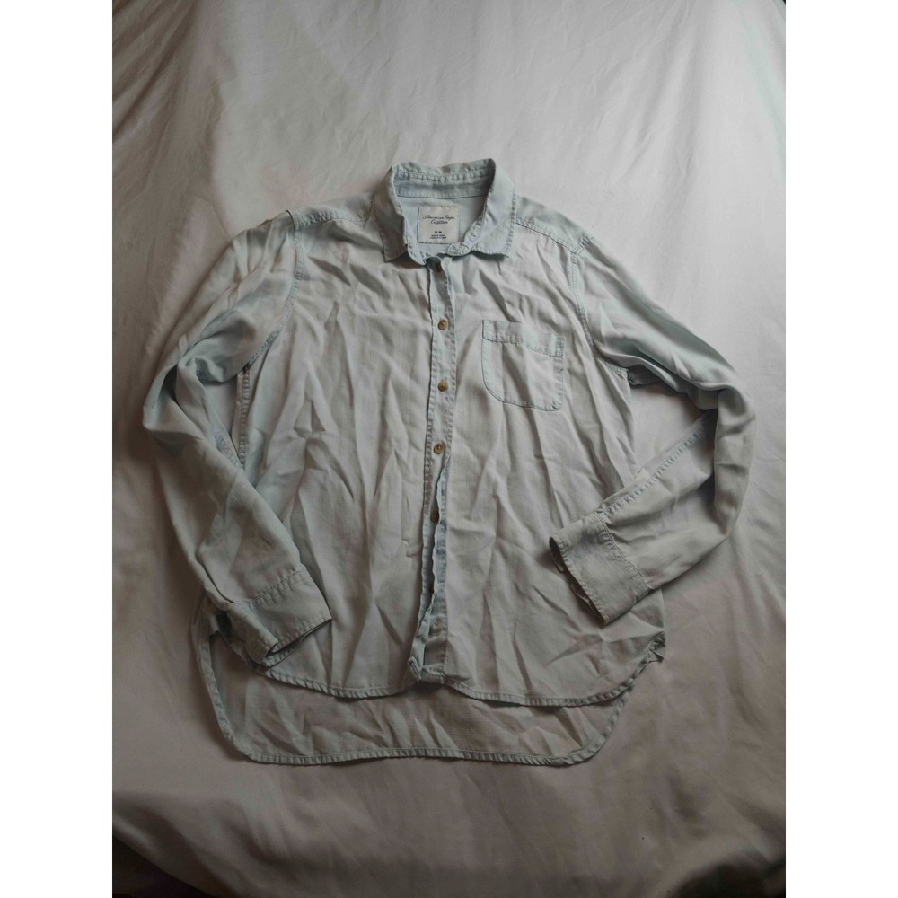 American Eagle Button Down Shirt Womens Medium Blue Denim Casual High Low Top